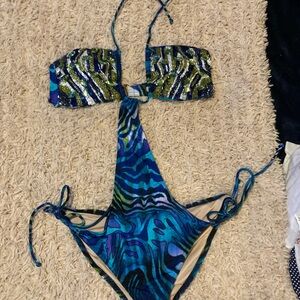 Blue and Green Patterned Swimsuit